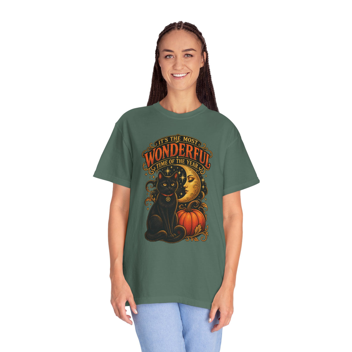T-Shirt — "It's the Most Wonderful Time of the Year" Halloween Black Cat & Pumpkin