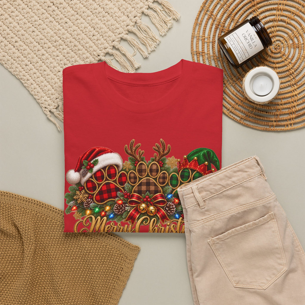 Merry Christmas Paw Prints Holiday Graphic Tee