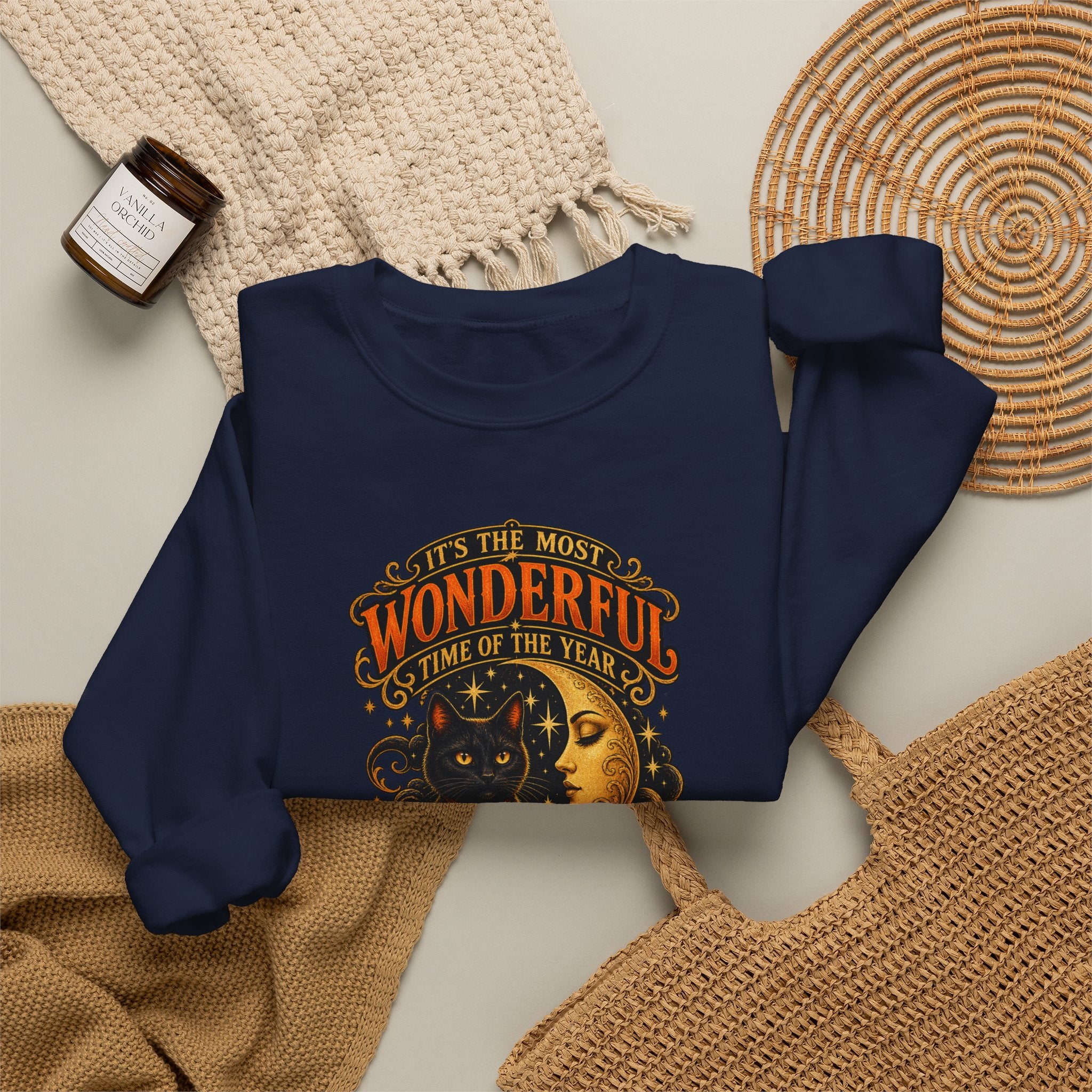 Vintage Halloween Sweatshirt - "It's the Most Wonderful Time of the Year" Black Cat & Moon Design