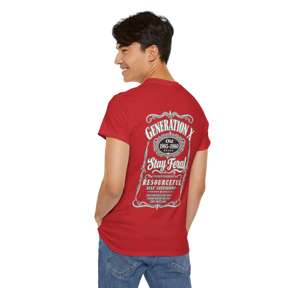 Generation X T‑Shirt — 'Stay Feral' Vintage Whiskey Label Tee (Born 1965–1980)