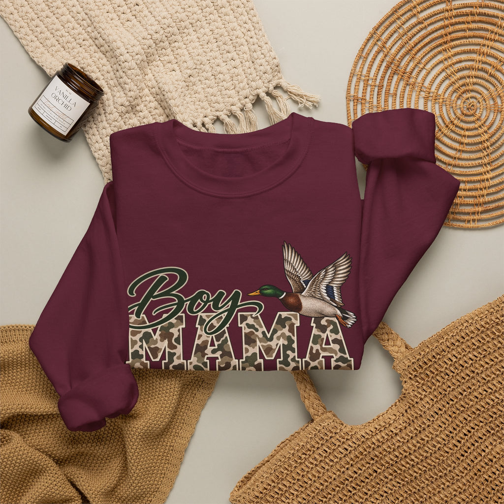 Boy Mama Crewneck Sweatshirt — Camo Lettering with Flying Duck