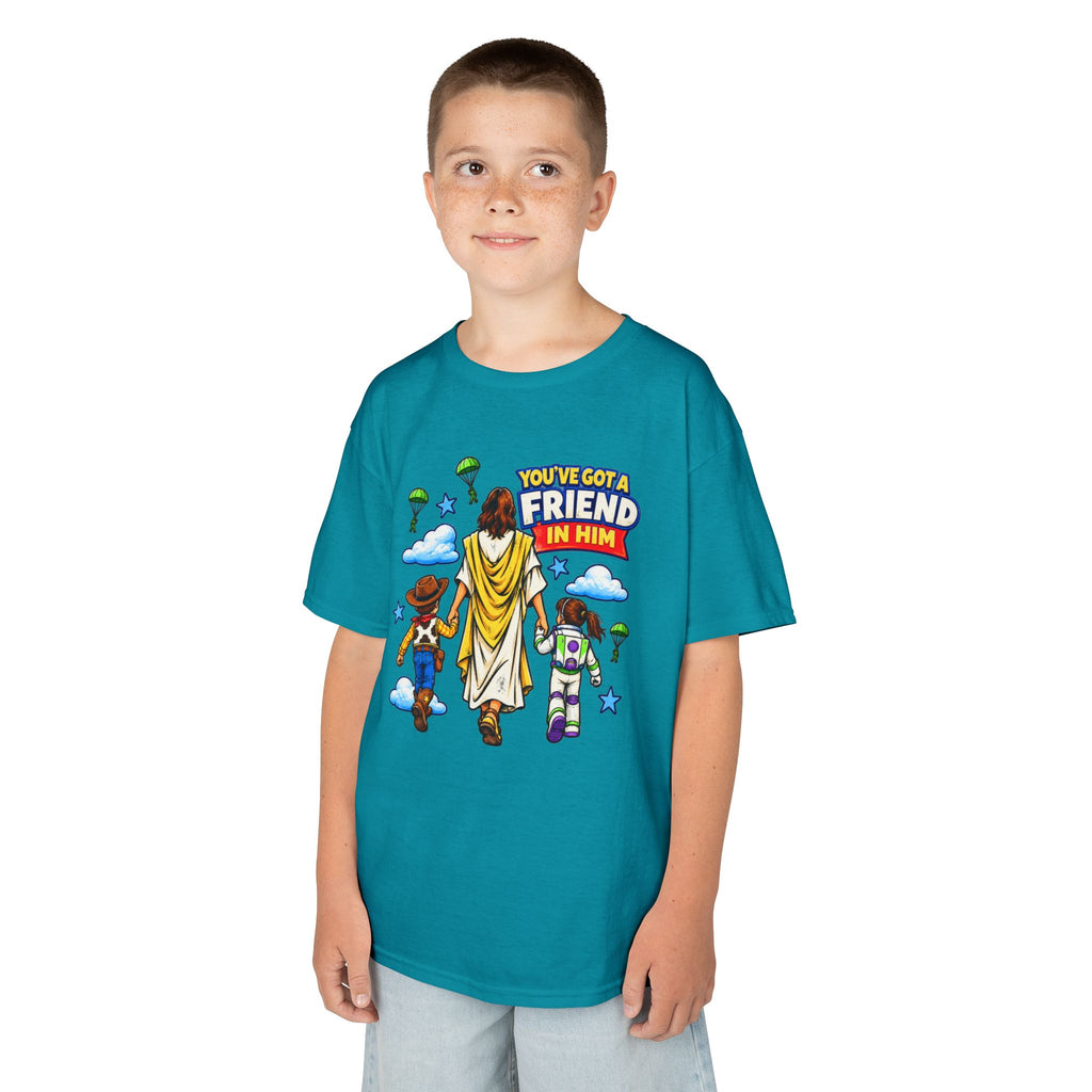 Kids Tee — "You've Gotta Friend in Him" Inspirational Jesus & Toy Friends Graphic
