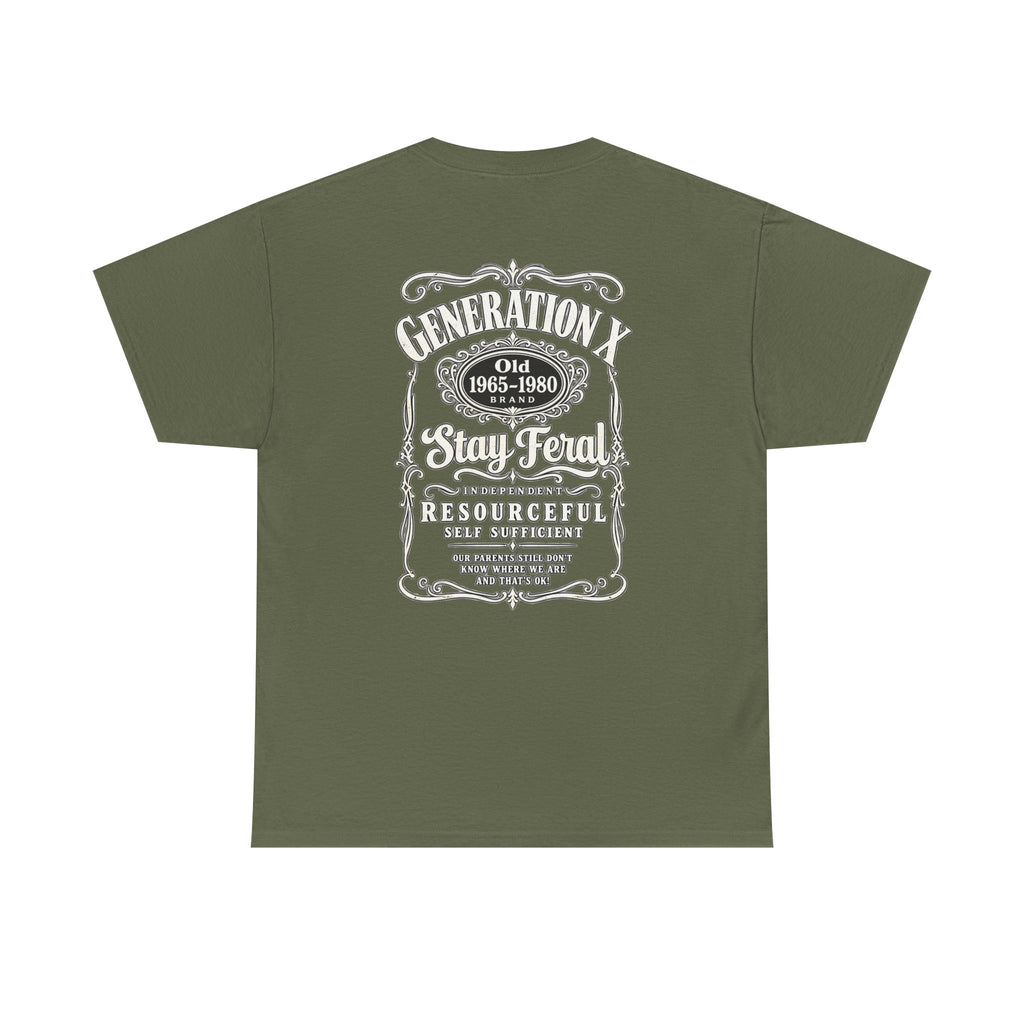 Generation X T‑Shirt — 'Stay Feral' Vintage Whiskey Label Tee (Born 1965–1980)