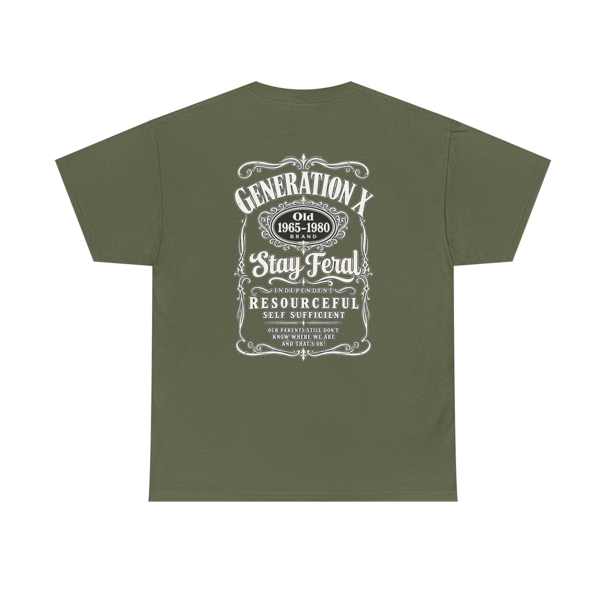 Generation X T‑Shirt — 'Stay Feral' Vintage Whiskey Label Tee (Born 1965–1980)