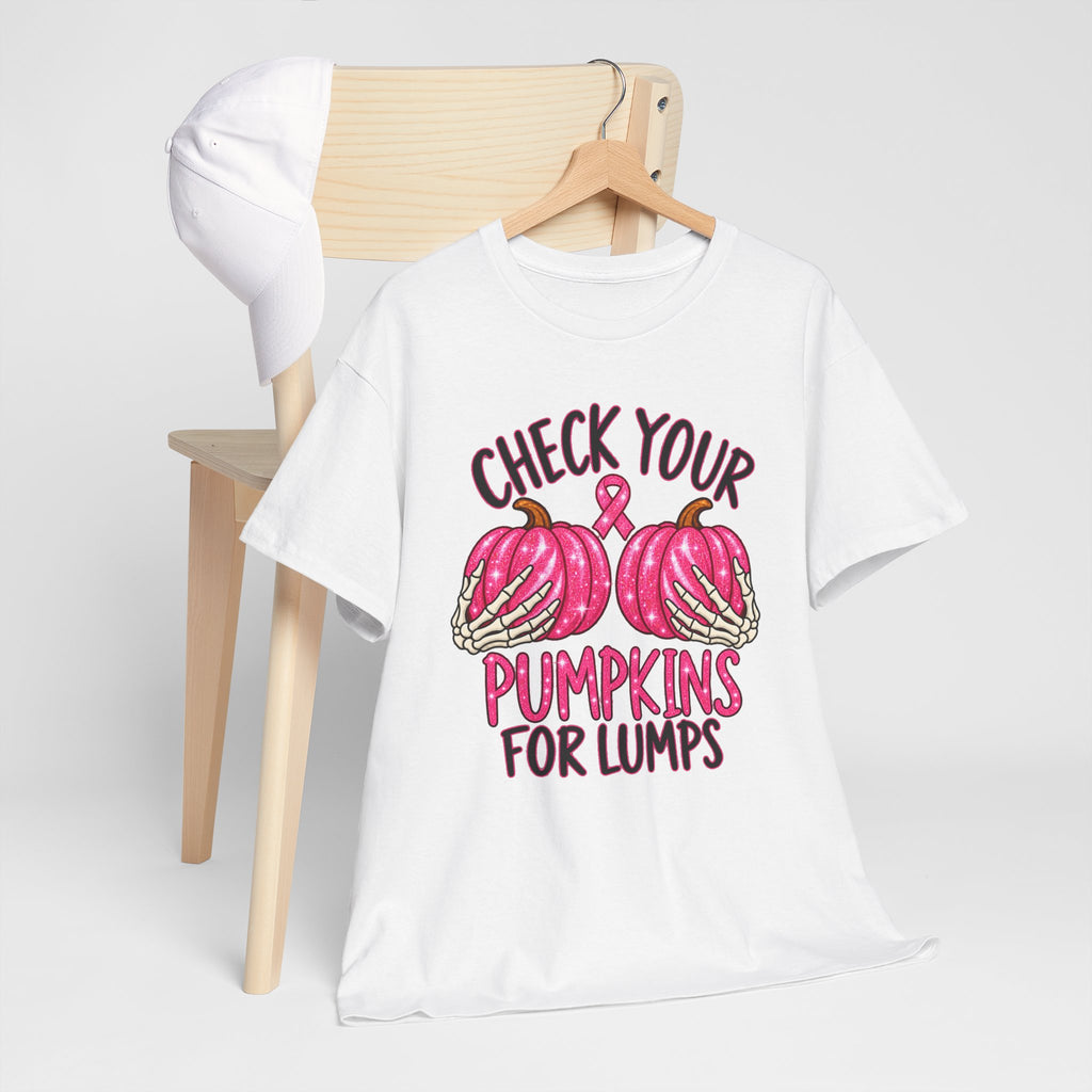 Breast Cancer Awareness T-Shirt — "Check Your Pumpkins for Lumps" Pink Ribbon Tee
