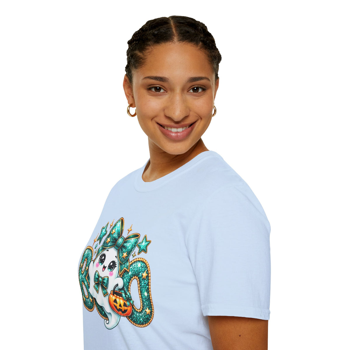 Boo Ghost Graphic T-Shirt — Cute Teal Glitter Halloween Tee