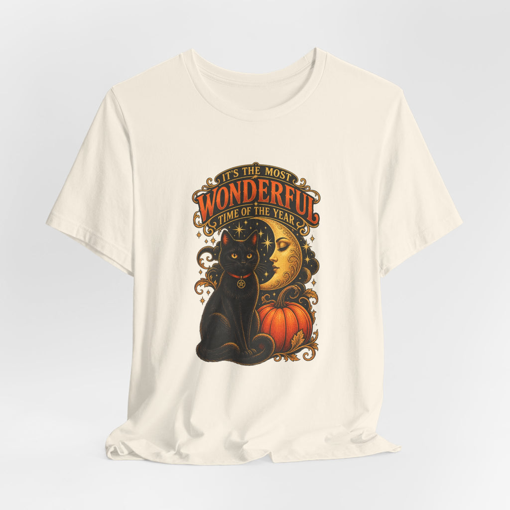 Halloween Cat Tee — "It's the Most Wonderful Time of the Year" Pumpkin & Moon Shirt