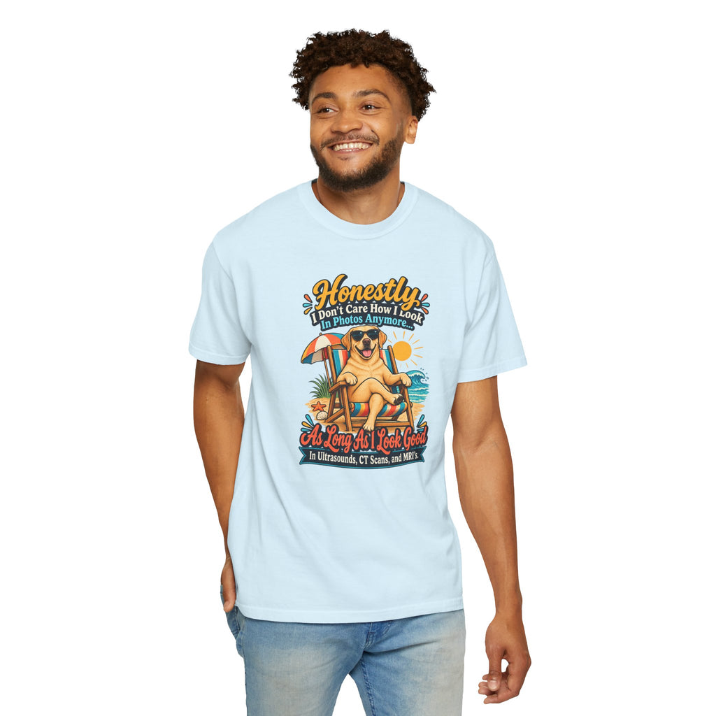 Honestly I Don’t Care How I Look In Photos Anymore T-Shirt — Funny Beach Dog Graphic Tee