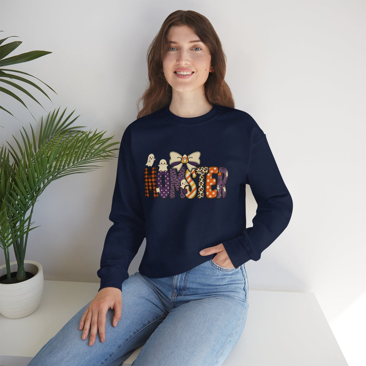 Momster Halloween Sweater | Momster Crewneck Sweatshirt, Halloween mom, purple orange spooky lettering