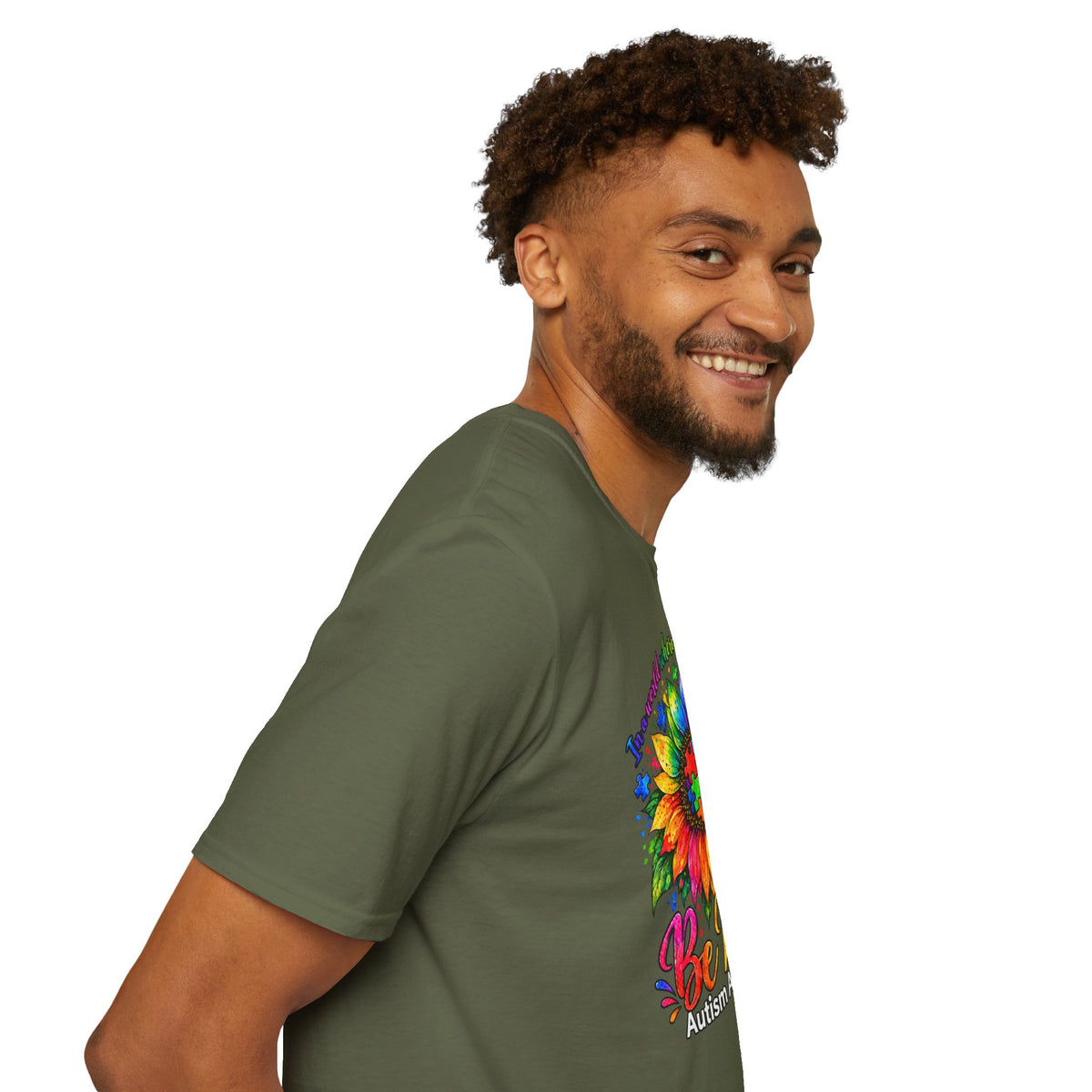 Autism Awareness Sunflower T-Shirt — 'Be Kind' Rainbow Puzzle Design
