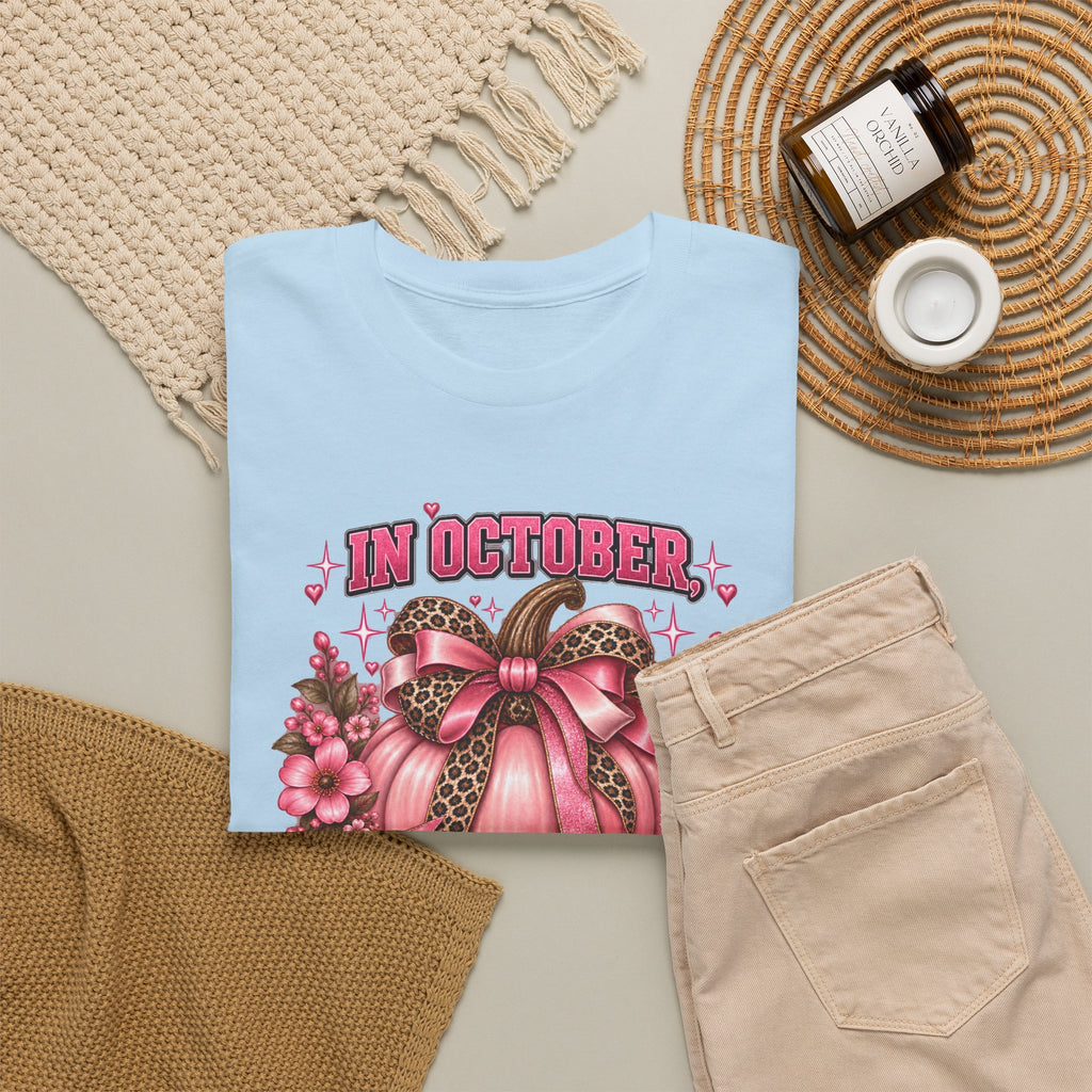 Breast Cancer Awareness T-Shirt — "In October We Wear Pink" Pumpkin Design