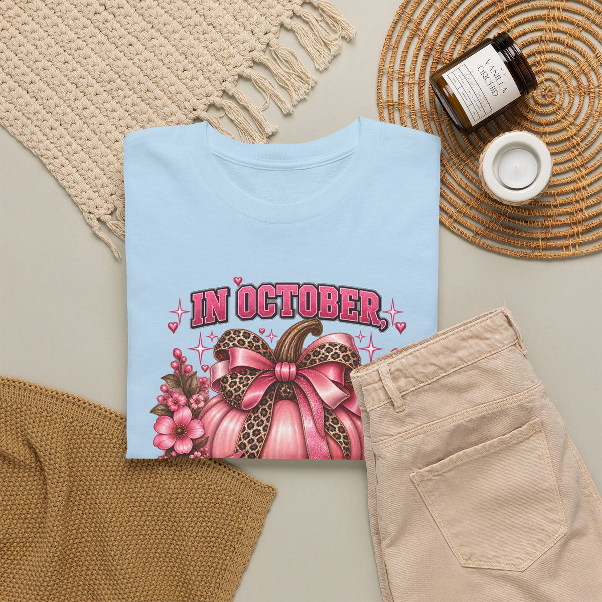 Breast Cancer Awareness T-Shirt — "In October We Wear Pink" Pumpkin Design