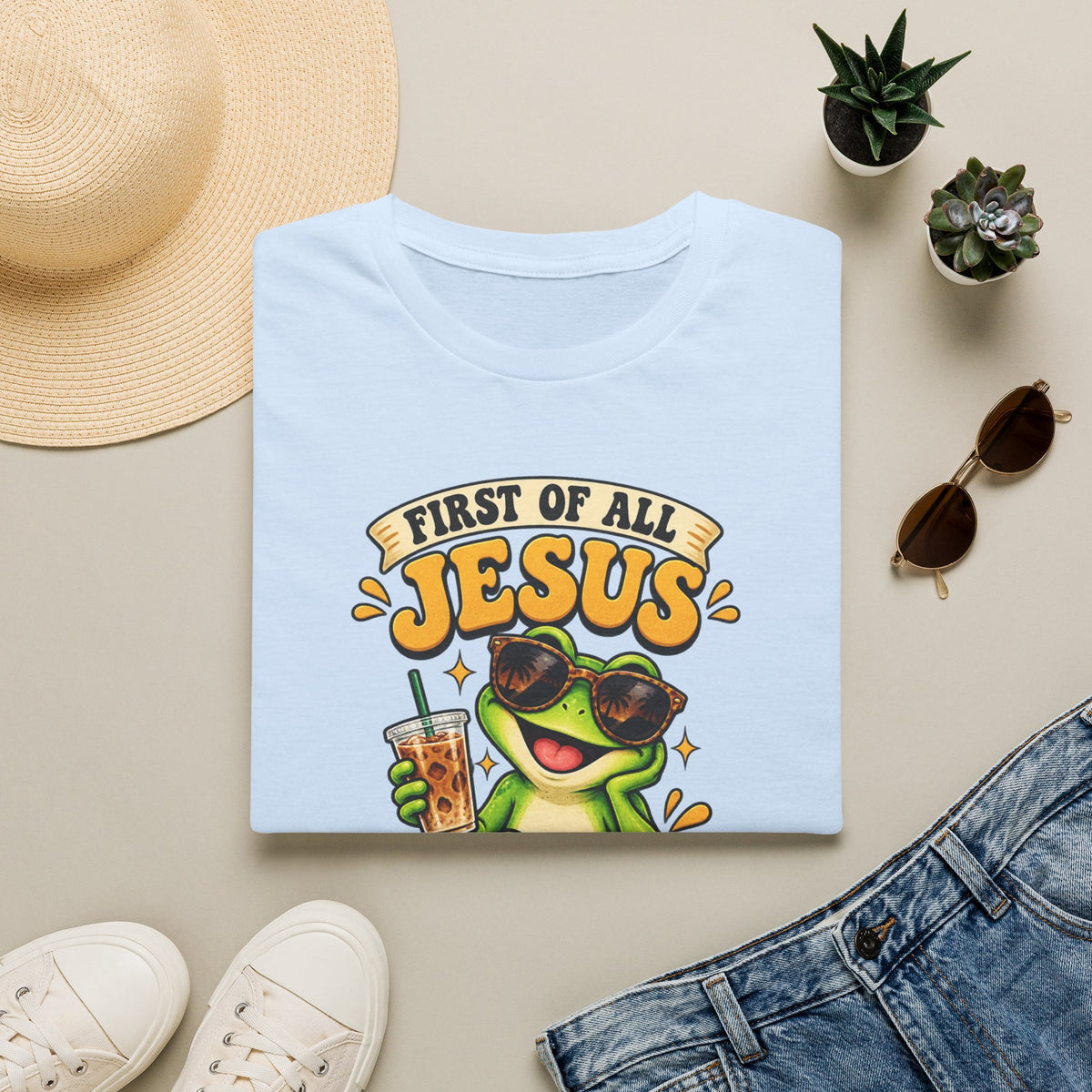 Jesus Frog T-Shirt — "First of All Jesus" Cute Frog Christian Tee