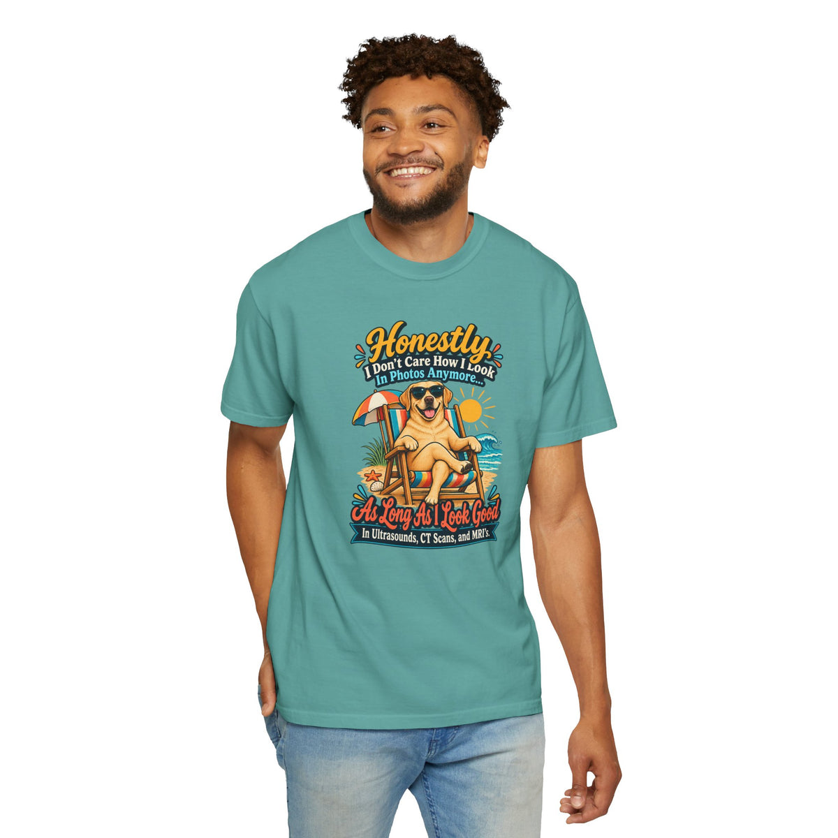 Honestly I Don’t Care How I Look In Photos Anymore T-Shirt — Funny Beach Dog Graphic Tee