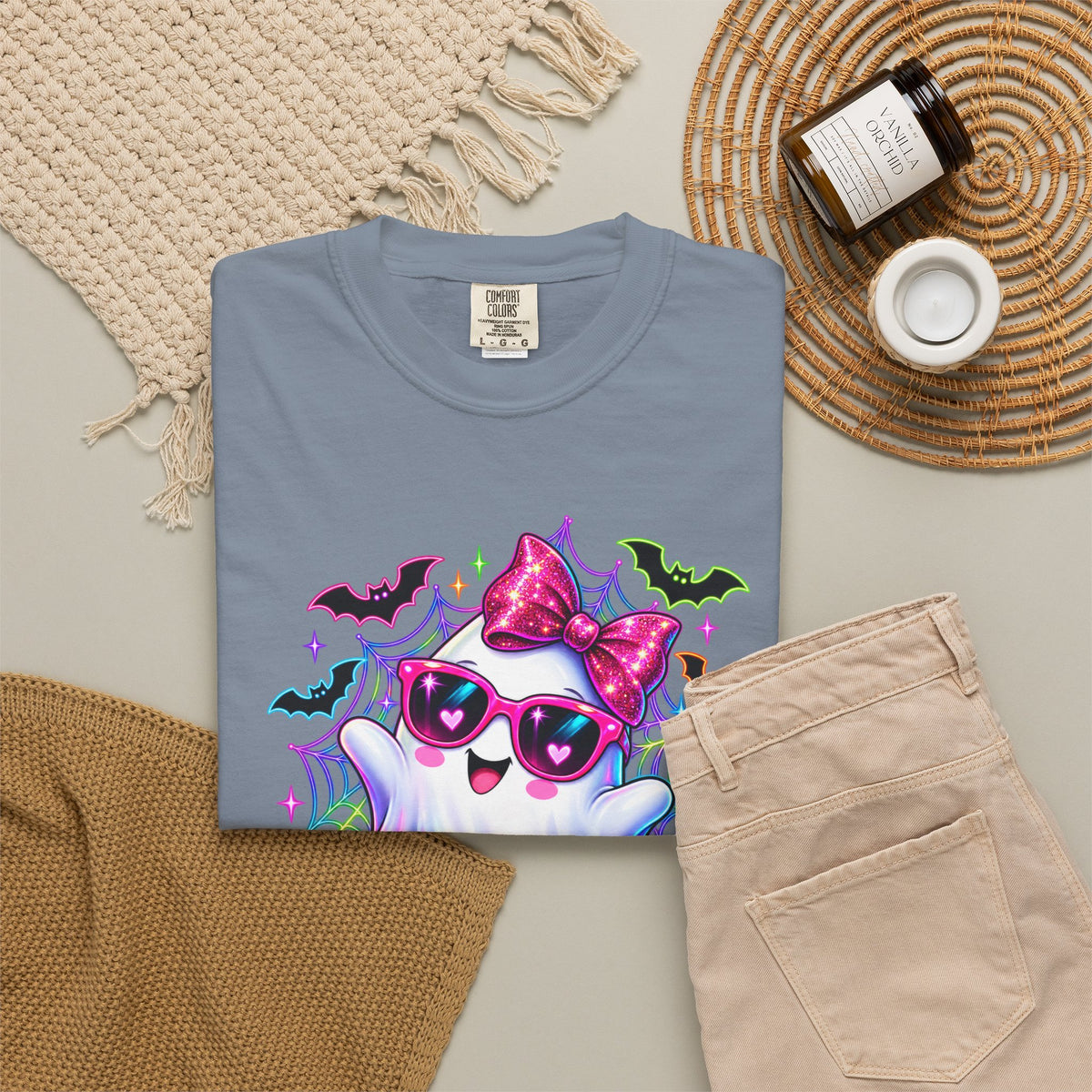 Cute Halloween Ghost T-Shirt — Pink Bow Ghost with Sunglasses & Pumpkins