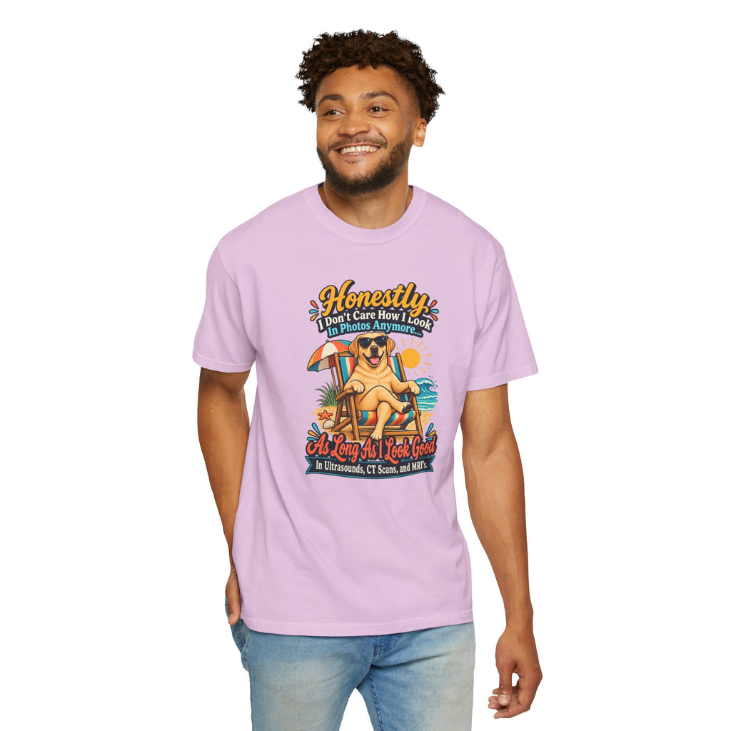 Honestly I Don’t Care How I Look In Photos Anymore T-Shirt — Funny Beach Dog Graphic Tee