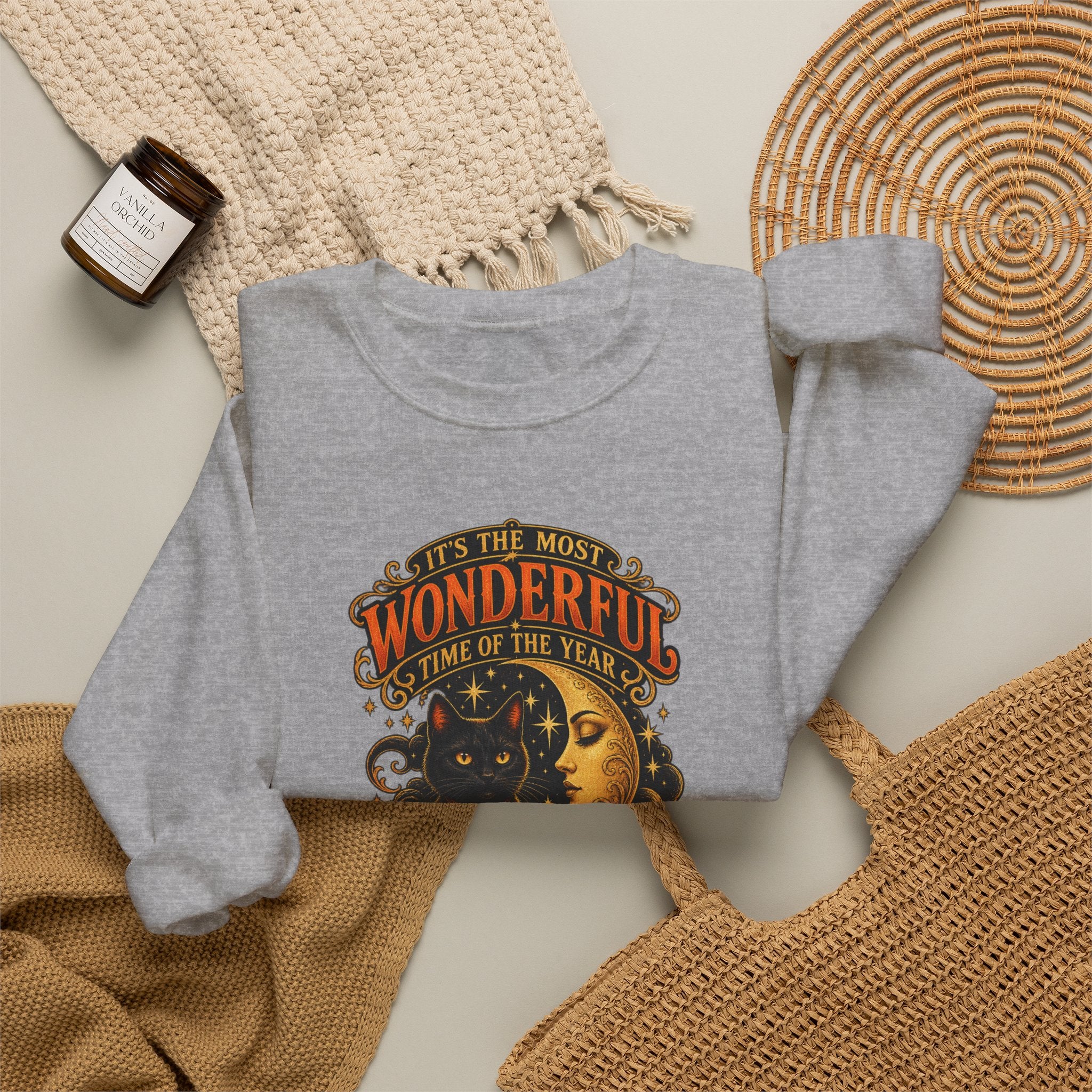 Vintage Halloween Sweatshirt - "It's the Most Wonderful Time of the Year" Black Cat & Moon Design