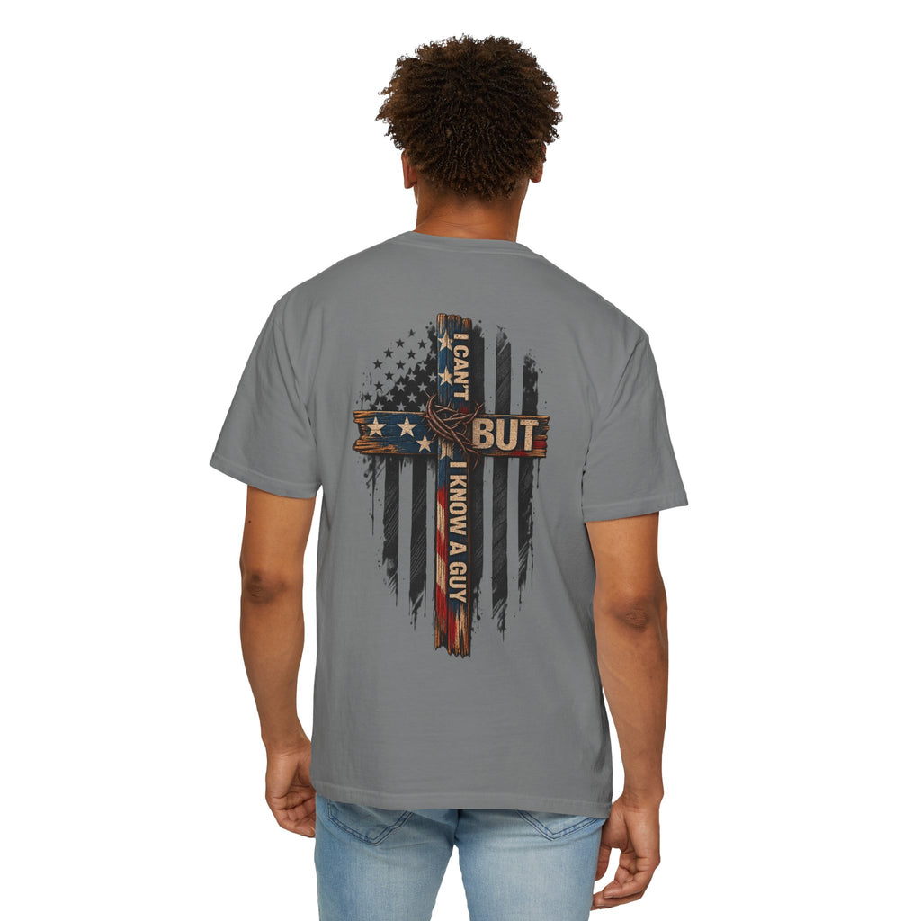 T-Shirt — 'I Can't But I Know A Guy' American Flag Cross Graphic