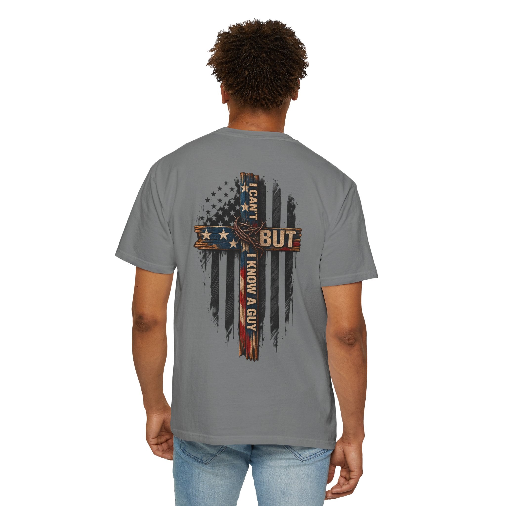T-Shirt — 'I Can't But I Know A Guy' American Flag Cross Graphic