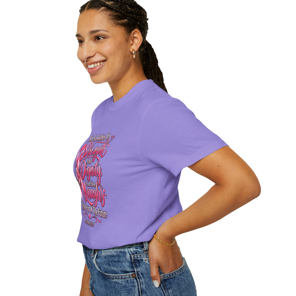 Breast Cancer Awareness T-Shirt — "She is Clothed in Strength" Pink Ribbon Tee