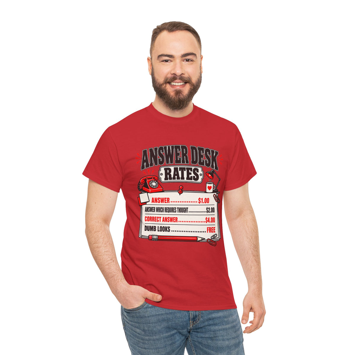 Answer Desk Rates T-Shirt — Funny Help Desk IT Support Tee ("Answer 1.00, Correct Answer 4.00")