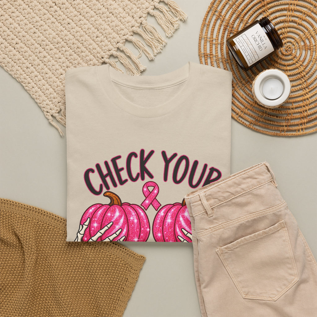 Breast Cancer Awareness T-Shirt — "Check Your Pumpkins for Lumps" Pink Ribbon Tee