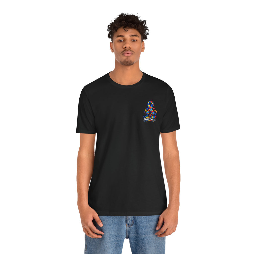 Autism Awareness Ribbon Chest Tee — 'Different, Not Less' Short Sleeve T-Shirt