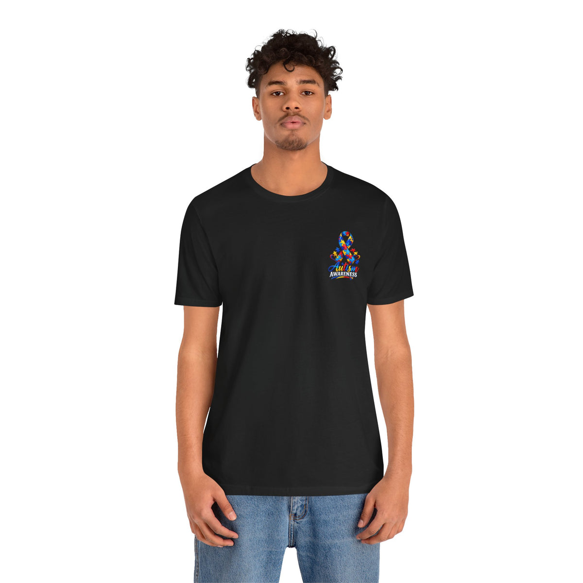 Autism Awareness Ribbon Chest Tee — 'Different, Not Less' Short Sleeve T-Shirt
