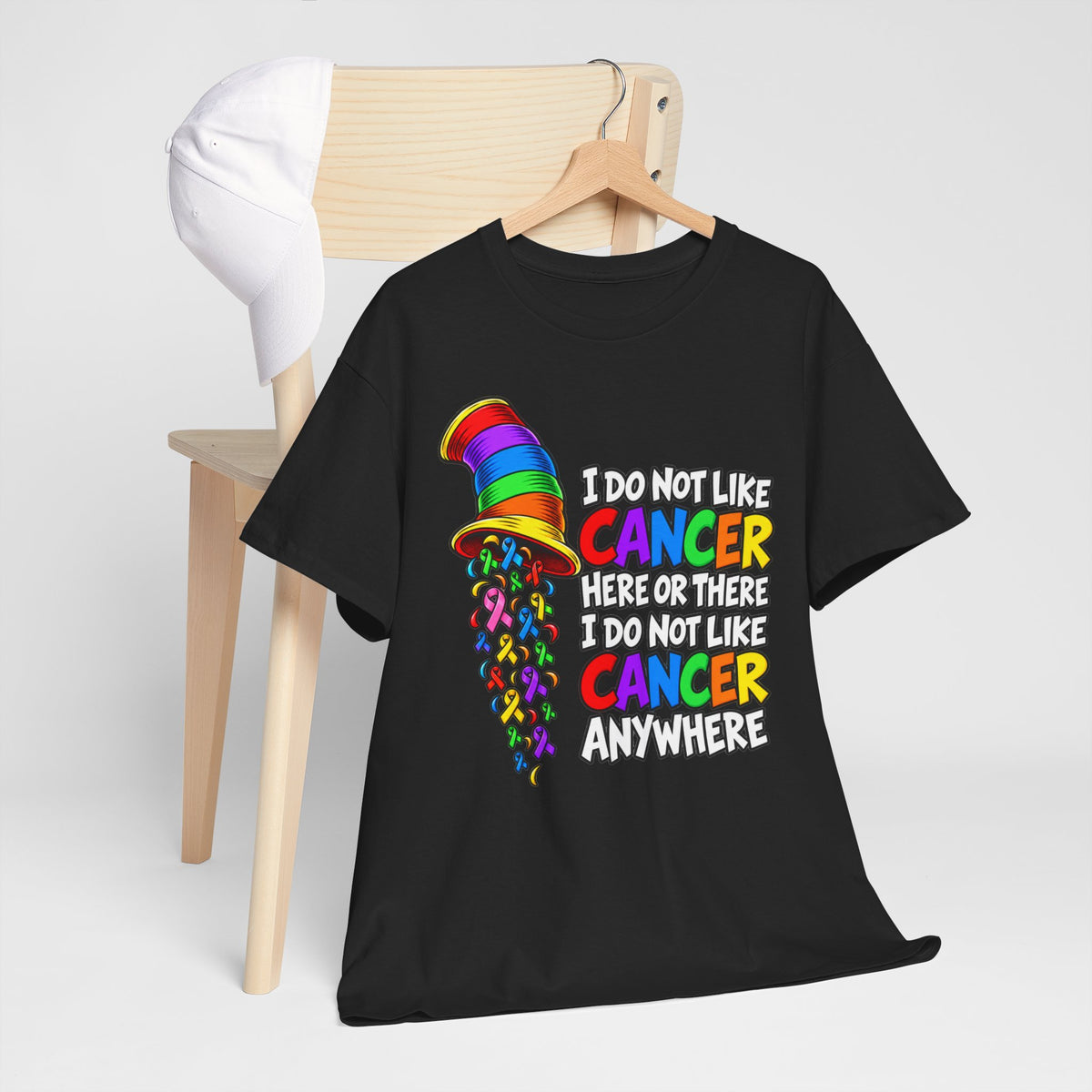 Cancer Awareness T-Shirt — “I Do Not Like Cancer Here or There” Rainbow Ribbon Tee