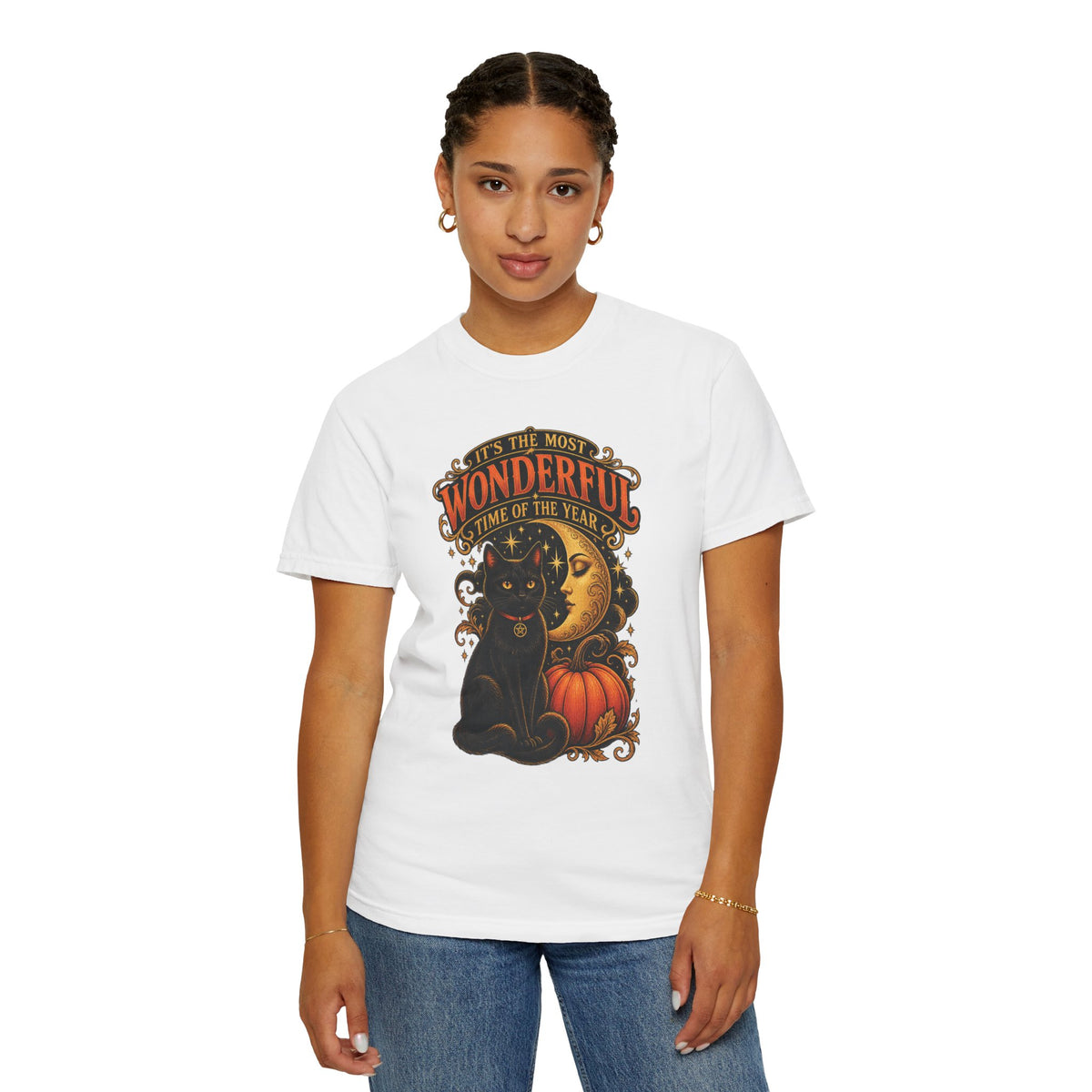 T-Shirt — "It's the Most Wonderful Time of the Year" Halloween Black Cat & Pumpkin
