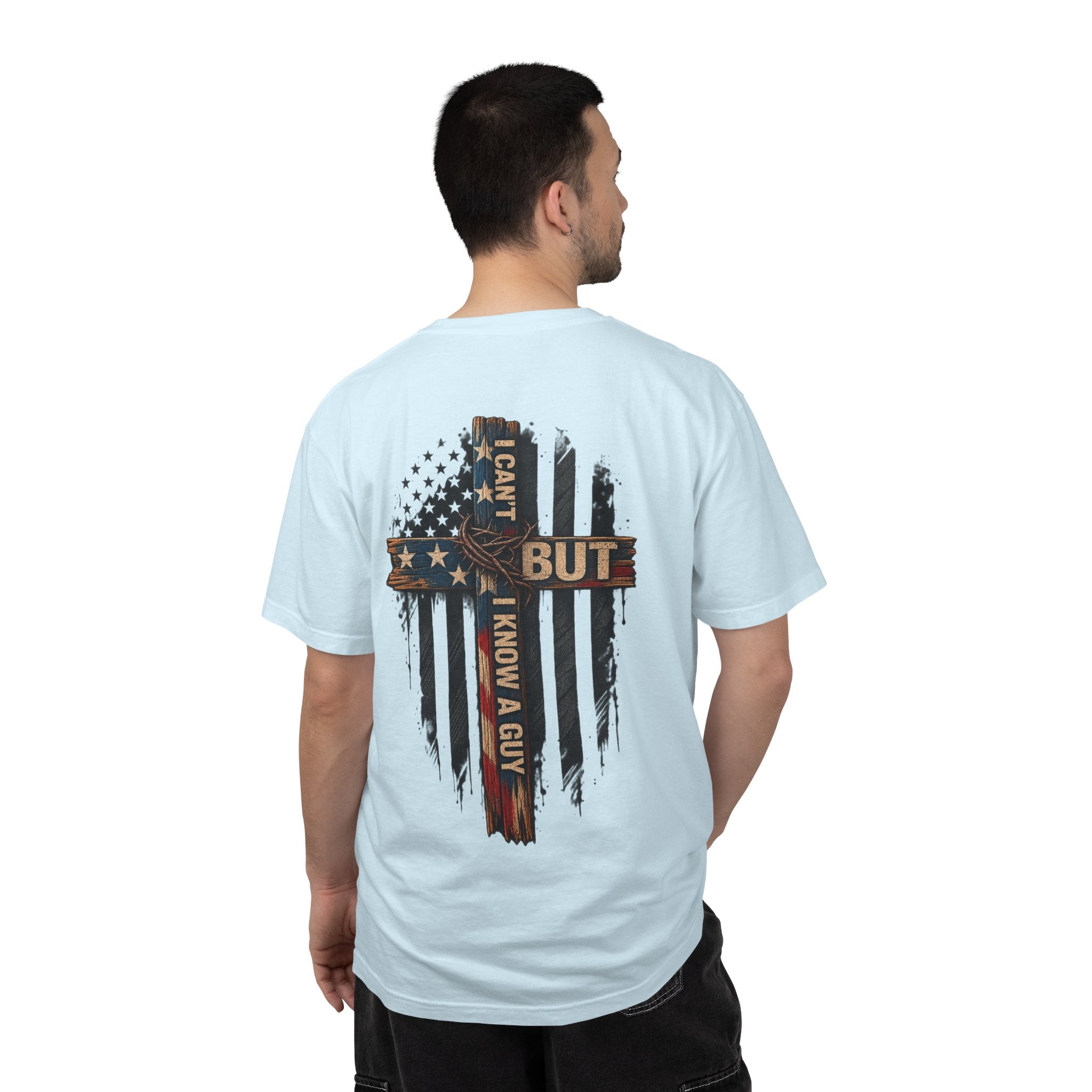 T-Shirt — 'I Can't But I Know A Guy' American Flag Cross Graphic