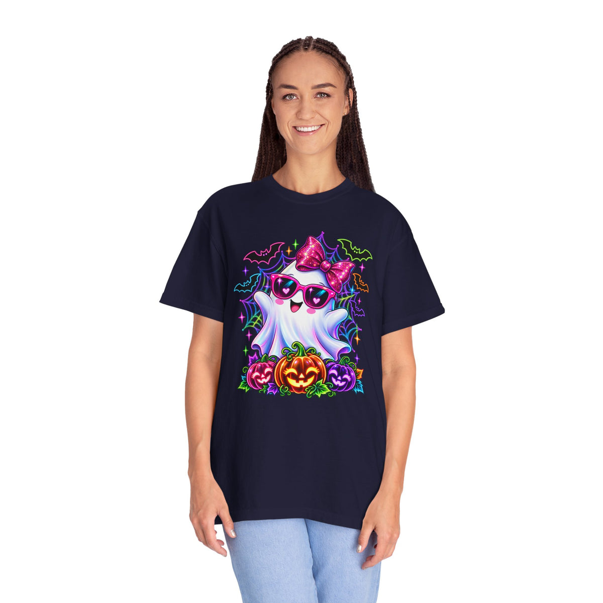 Cute Halloween Ghost T-Shirt — Pink Bow Ghost with Sunglasses & Pumpkins