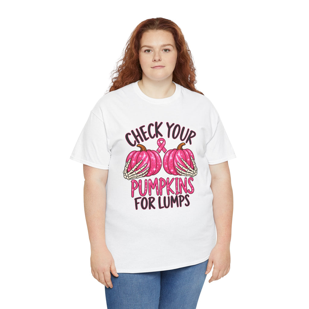 Breast Cancer Awareness T-Shirt — "Check Your Pumpkins for Lumps" Pink Ribbon Tee