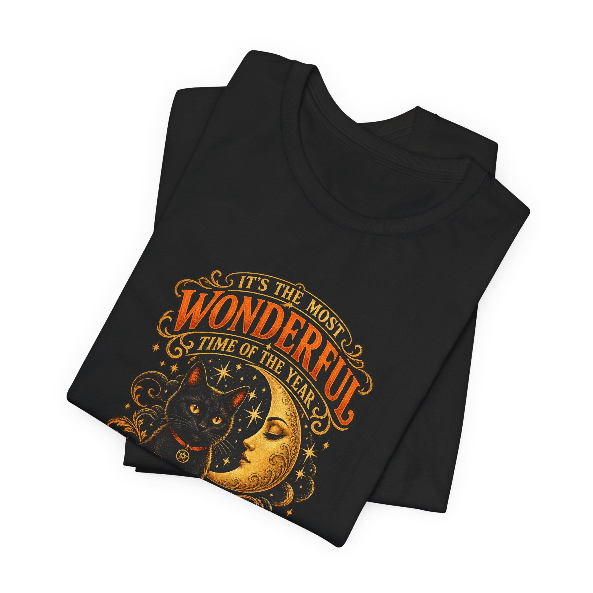 Halloween Cat Tee — "It's the Most Wonderful Time of the Year" Pumpkin & Moon Shirt
