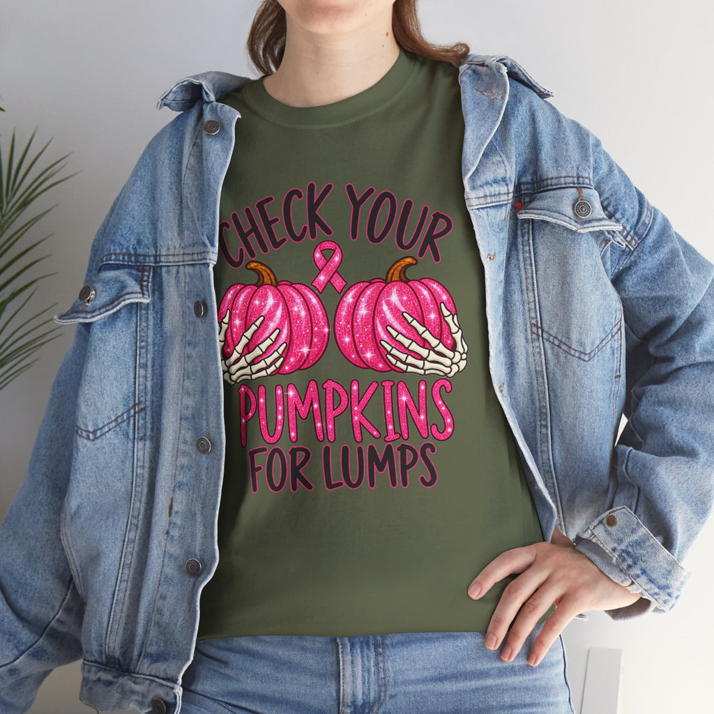 Breast Cancer Awareness T-Shirt — "Check Your Pumpkins for Lumps" Pink Ribbon Tee