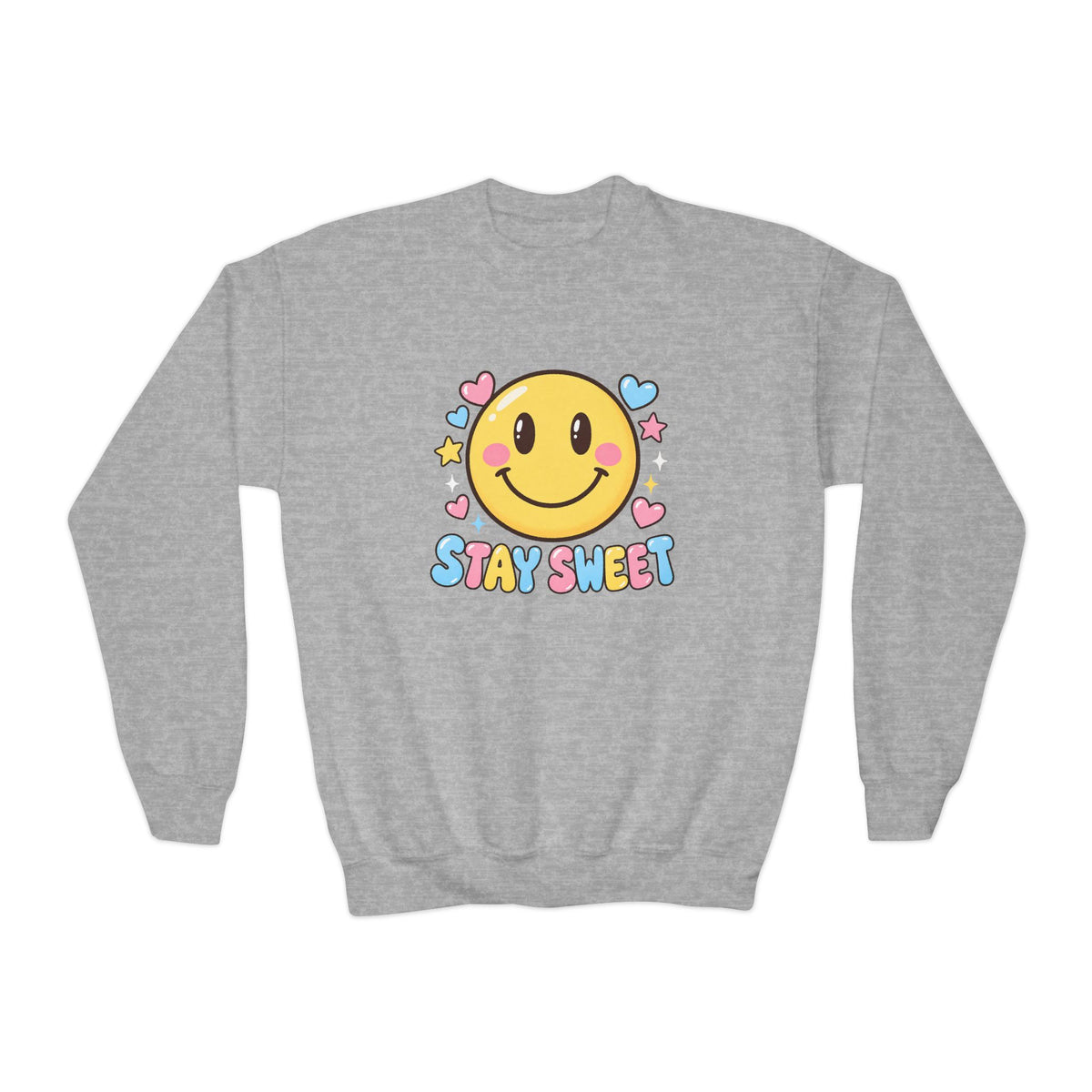 Youth Crewneck Sweatshirt — Cute Smiley "Stay Sweet" Graphic, Kids Cozy Pullover