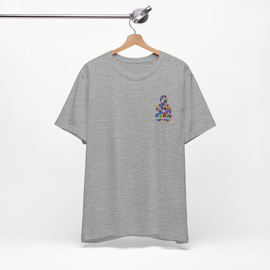 Autism Awareness Ribbon Chest Tee — 'Different, Not Less' Short Sleeve T-Shirt