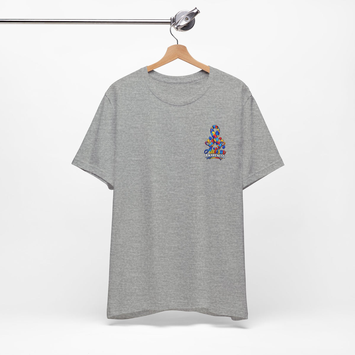 Autism Awareness Ribbon Chest Tee — 'Different, Not Less' Short Sleeve T-Shirt