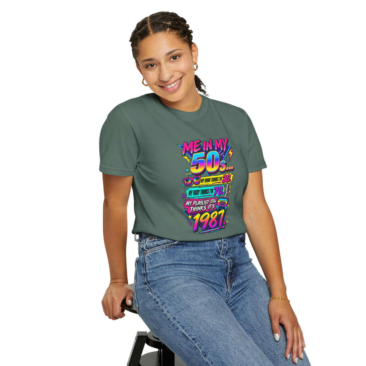 50th Birthday T-Shirt — "Me in My 50s... My Playlist Still Thinks It’s 1987" Retro Graphic Tee