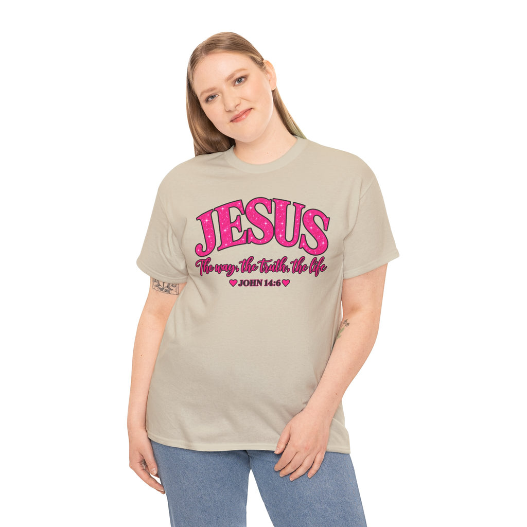 Christian T-Shirt — "JESUS The way, the truth, the life" (John 14:6) Pink Vintage Script