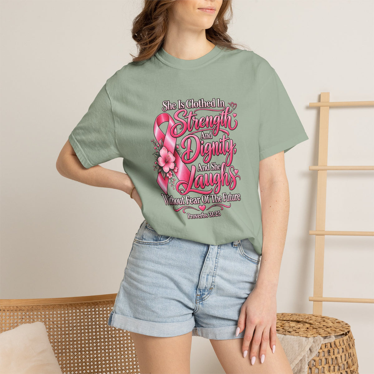 Breast Cancer Awareness T-Shirt — "She is Clothed in Strength" Pink Ribbon Tee