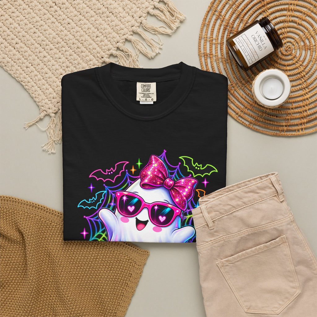 Cute Halloween Ghost T-Shirt — Pink Bow Ghost with Sunglasses & Pumpkins