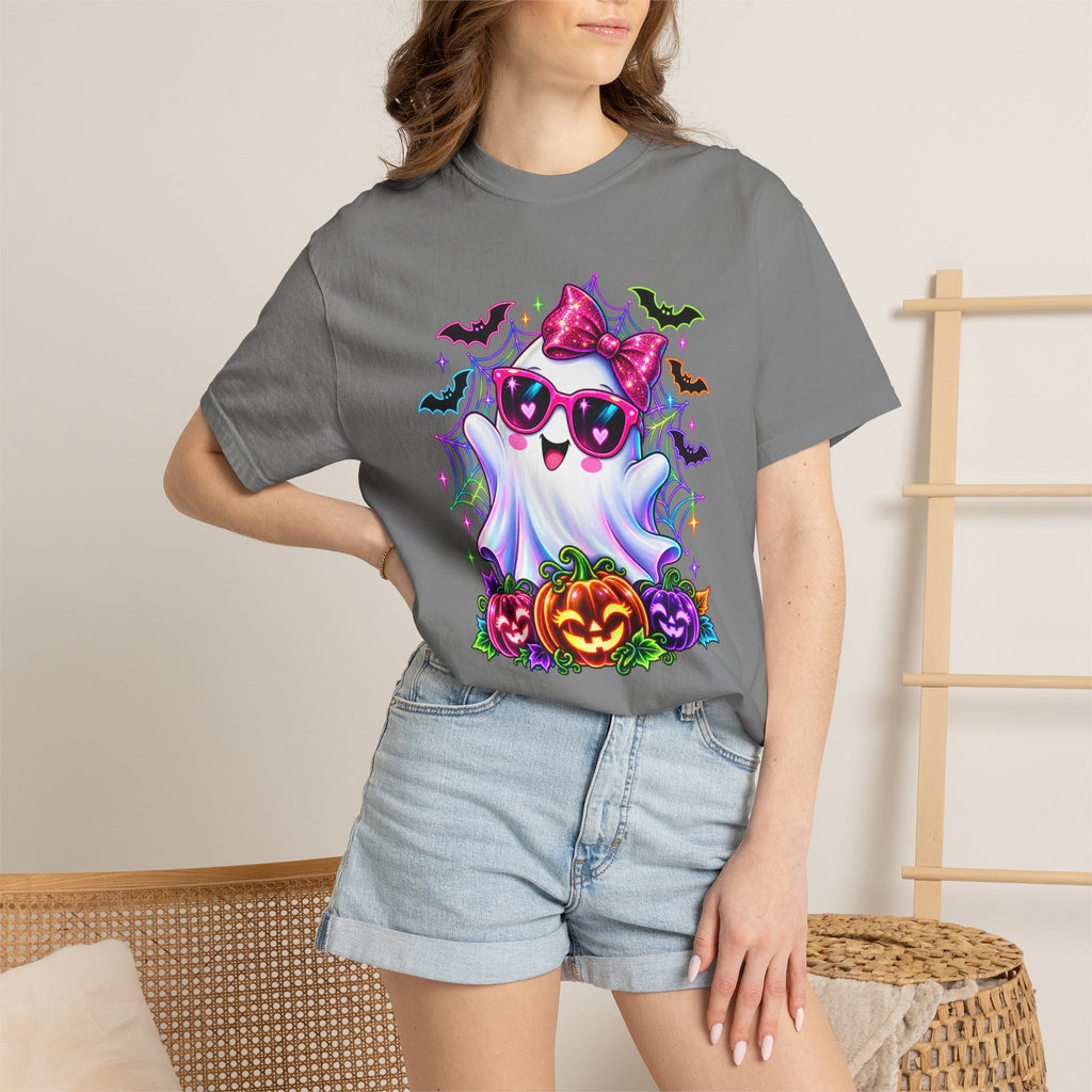 Cute Halloween Ghost T-Shirt — Pink Bow Ghost with Sunglasses & Pumpkins