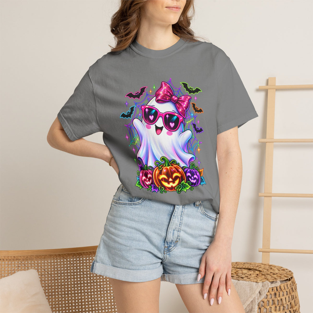 Cute Halloween Ghost T-Shirt — Pink Bow Ghost with Sunglasses & Pumpkins