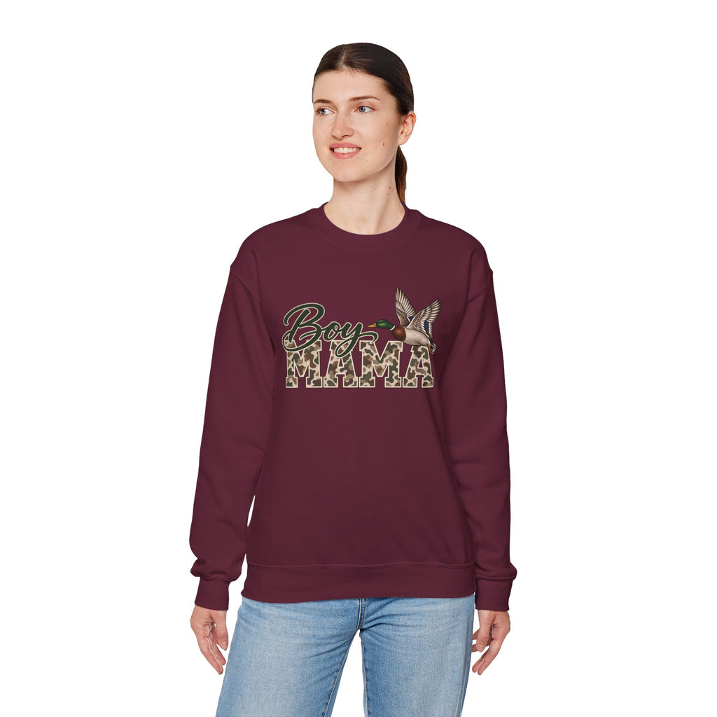 Boy Mama Crewneck Sweatshirt — Camo Lettering with Flying Duck