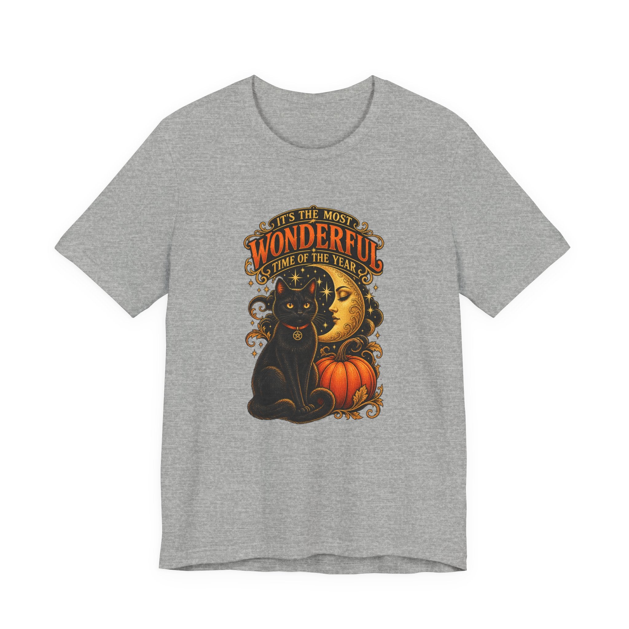Halloween Cat Tee — "It's the Most Wonderful Time of the Year" Pumpkin & Moon Shirt