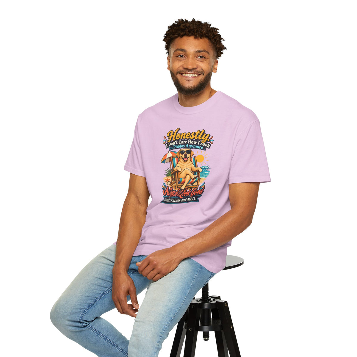 Honestly I Don’t Care How I Look In Photos Anymore T-Shirt — Funny Beach Dog Graphic Tee