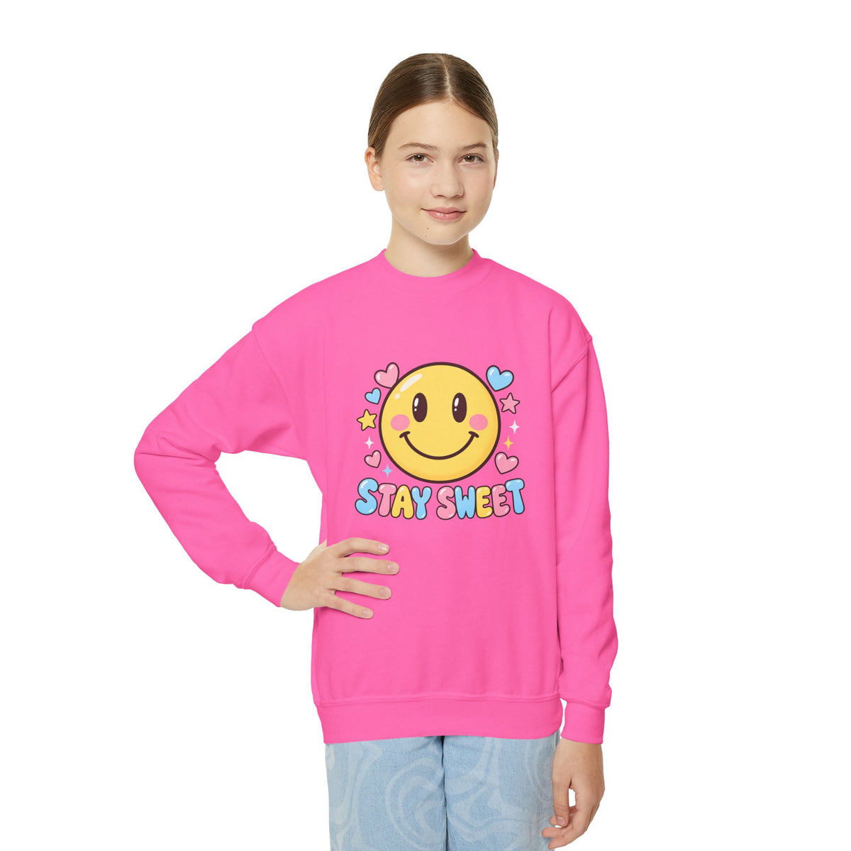 Youth Crewneck Sweatshirt — Cute Smiley "Stay Sweet" Graphic, Kids Cozy Pullover