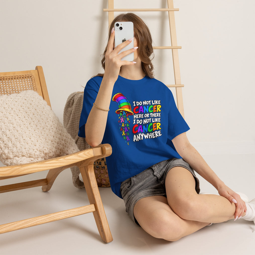Cancer Awareness T-Shirt — “I Do Not Like Cancer Here or There” Rainbow Ribbon Tee
