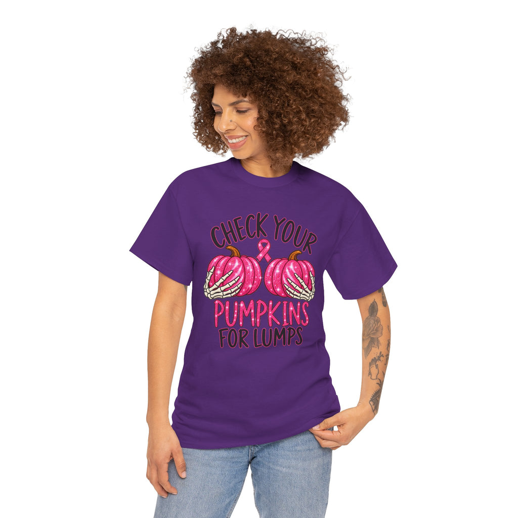 Breast Cancer Awareness T-Shirt — "Check Your Pumpkins for Lumps" Pink Ribbon Tee